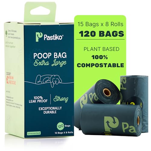 Compostable Dog Poo Bags - Extra Large - 120 Pcs Extra Thick Guaranteed Leak Proof - Biodegradable Dog Poop Bags Rolls - Strong, heavy duty, EcoFriendly Odour Proof Made from TUV Certified Cornstarch