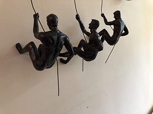 5x Large Bronze Climbing Abseiling Hanging Ornaments Figures Set of 5 Climbing Men Wallhanging Figurines Abseiling Ornament Sculpture Wall Art Resin and Metal Bungee Jumping Man Hanging on Wire B5C