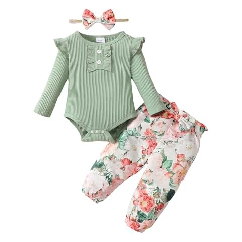 Mioglrie Newborn Baby Girl Clothes 0-3 Months Infant Girls Fall Winter Long Ruffle Sleeve Green Romper Floral Pants 3PC Clothes Outfits Headband Set Cover