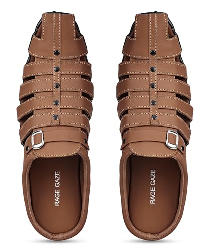 Image of Men's Fashion Sandals - Comfortable Fisherman, Premium PU Padding, Synthetic Leather, Closed-Toe Summer Outdoor Sandals, Tan - Stylish and Durable Footwear