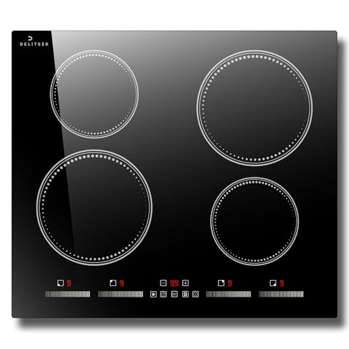 Placa de inducción 4 fuegos DELITEER, Encastrable 60 cm, Función boost, Control táctil individual, Temporizador, Placa 4 fuegos autosuficiente, 220V~240V, 7200W, Sin enchufe.