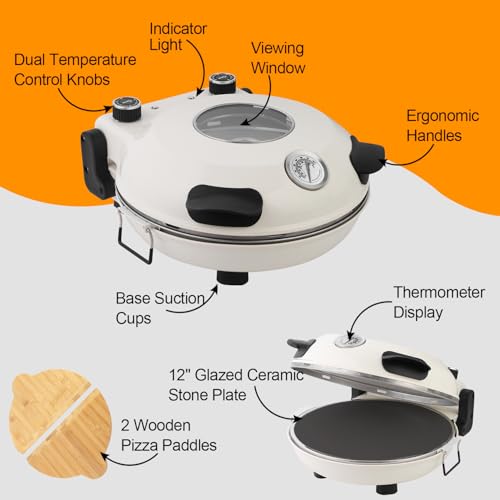 ECUMFFY Pizza Oven Indoor, 12 Inch Retro Pizza Maker, Rapid Heating 800˚F, 1200W Glazed Ceramic Stone Electric Pizza Cooker, Two-button Precise Temperature Control, Viewing Window for Precise Cooking