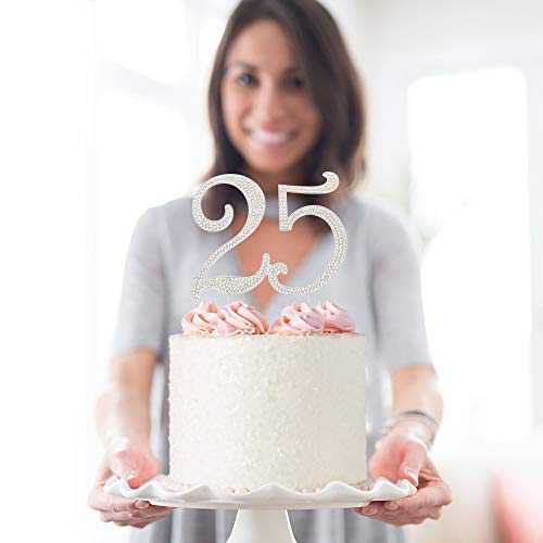 25 Cake Topper - Premium Silver Metal - 25Th Birthday Or Anniversary Party Sparkly Rhinestone Decoration Makes A Great Centerpiece - Now Protected In A Box #TOP6