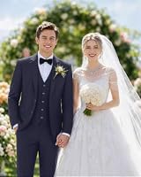 LUPURTY Herren-Anzüge mit schmaler Passform, 3-teilige Anzüge für Männer, einfarbige Jacke mit 2 Knöpfen, Weste, Hose, Smoking-Set für Business, Hochzeit, Dunkles Marineblau , L – Ansicht 3