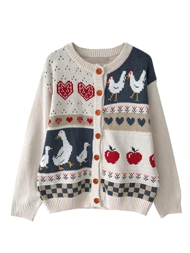 Women’s Cute Contrast Jacquard Cardigan Long Sleeve Button Down Crew Neck Kawaii Preppy Style Cardigan Sweater3