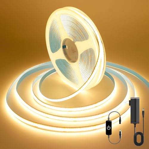 Image of COB LED Strip, 16.4ft Warm White COB LED Strip Light, Dimmable LED Light Strip 2700K, CRI92+, 8mm Width, 24V Flexible LED Tape Light for TV, Bedroom, Kitchen Cabinet, Closet, Home Decoration.