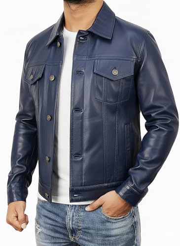 Image of Leather Trucker Jacket Men - Real Lambskin Shirt Style Vintage Fashion Mens Leather Jacket