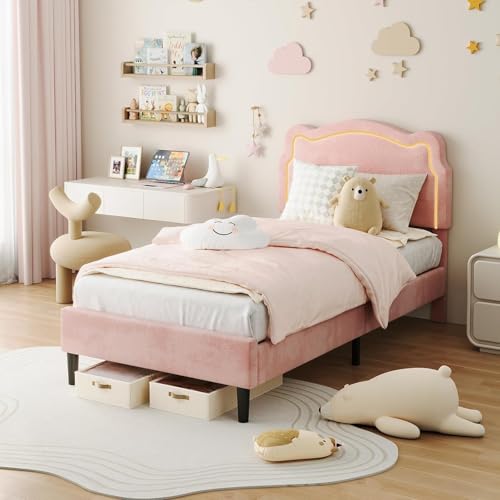 Image of GarveeHome Twin Upholstered Smart LED Bed Frame with Headboard, Velvet Princess Platform Bed Frame for Kids, Wooden Slats Support, No Box Spring Needed (Pink)