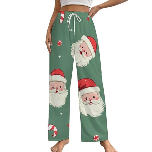 Image of Christmas Santa Candy Canes Pajama Pants Women Long Pockets Lounge Pj Bottom with Drawstring Belt Sleepwear 5XL