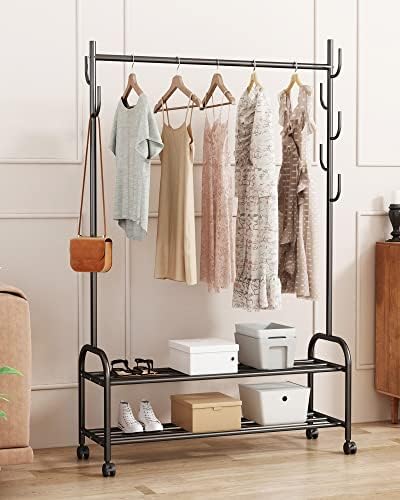 GAMNOF Black Clothing Rail with Wheels, 100 CM Rolling Metal Clothes Rail for Bedroom, Clothes Rack with 2 Bottom Shelves, Clothing Rack Hanging Rails for Clothes