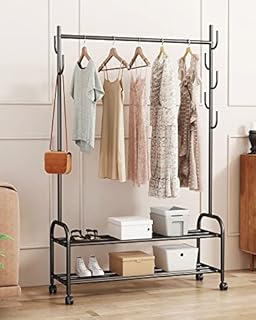 GAMNOF Black Clothing Rail with Wheels, 100 CM Rolling Metal Clothes Rail for Bedroom, Clothes Rack with 2 Bottom Shelves, Clothing Rack Hanging Rails for Clothes