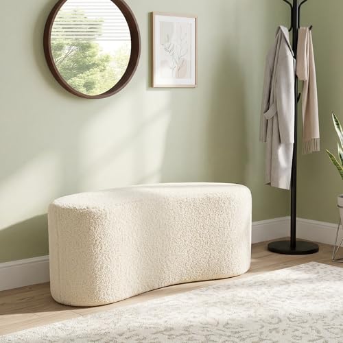 Image of Zesthouse Upholstered Ottoman Bench for Bedroom, 39.8 inch Curved Sherpa End of Bed Bench, Modern Small Bench Seat for Living Room Entryway Hall Mudroom, Soft White Fabric Coffee Table, Crescent Shape