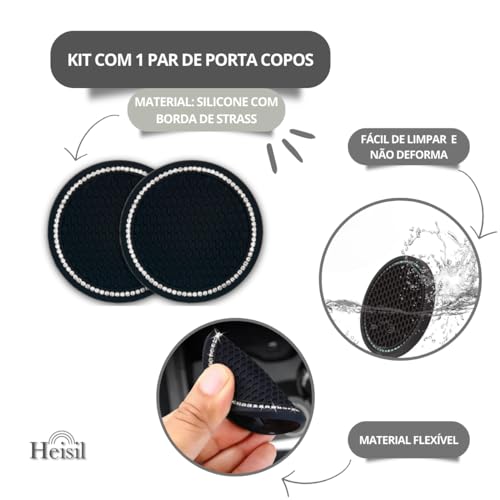 Kit Par De Descanso De Copos Em Silicone Com Borda De Strass Para Porta Copos Para Carro Ou Uso Domé