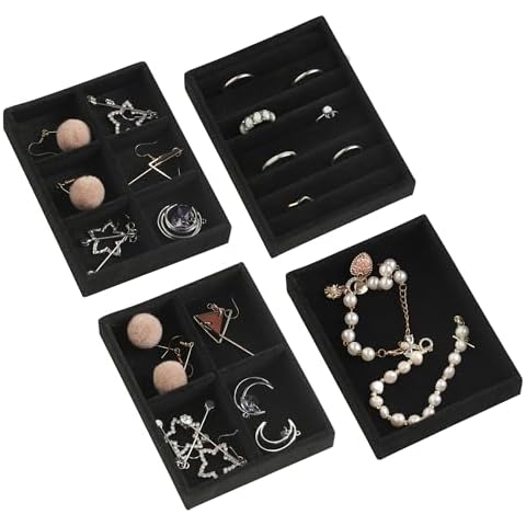 Frebeauty Small Jewelry Tray Set,Stackable Velvet Jewelry Organizer Tray,Mini Jewelry Drawer Organizer,Drawer Inserts,4.92 x 3.74 x 0.9 Inches,Earring Organizer for Women(Set 4,Black) Cover