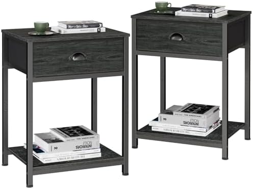 Furologee Nightstands Set of 2, Industrial End Table with Fabric Drawer&Storage Shelf, Small Bedside Table Organizer for Small Space for Living Room, Tall 23.6″ Night Stand for Bedroom, Black Oak Furologee Nightstands Set of 2, Industrial End Table with Fabric Drawer&Storage Shelf, Small Bedside Table Organizer for Small Space for Living Room, Tall 23.6″ Night Stand for Bedroom, Black Oak