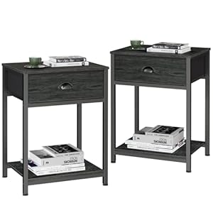 Furologee Nightstands Set of 2, Industrial End Table with Fabric Drawer&Storage Shelf, Small Bedside Table Organizer for Small Space for Living Room, Tall 23.6″ Night Stand for Bedroom, Black Oak