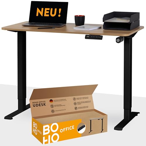 boho office® Elektrisch höhenverstellbarer Schreibtisch - 4 Speicherplätze und FSC-zertifizierter Tischplatte mit abgerundeten Ecken, UDESK Eiche/Schwarz
