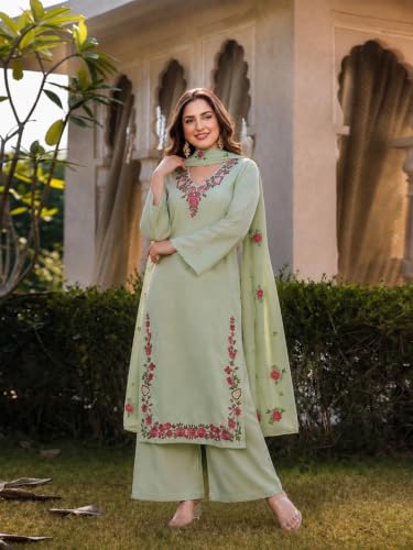 Image of ANNI Designer Kurta Sets for Women Viscose Blend Embroidered | Kurta Palazzo Dupatta Set | Designer Kurti Set for Women | V Neck Full Sleeve Ethnic Suit | Indian Kurta Outfit with Palazzo Pants