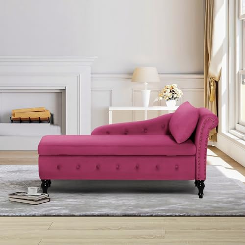 Upholstered Chaise Lounge with Right Armrest & Lumbar Pillow,Button Tufted Lounge Sofa with Storage,Lounge Chair Indoor,Modern Velvet Lounge Chair for Bedroom, Living Room and Office,Fuchsia