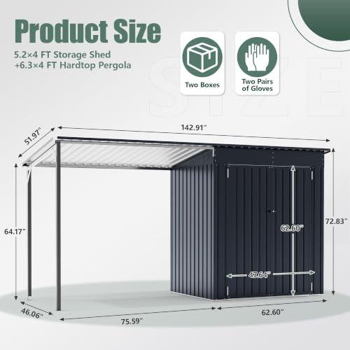 Image of AirWire 6x4 FT Outdoor Storage Shed with Reinforced Gazebo, Small Lean to Metal Shed with Lockable Door and Vents, 2-in-1 Garden Tool Shed with Open Galvanized Steel Pergola