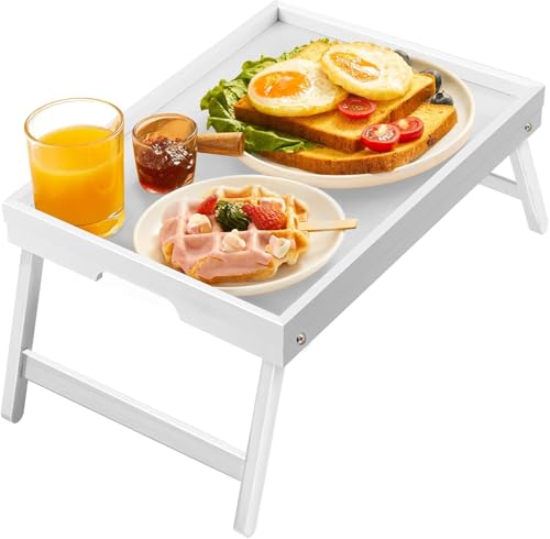Image of Bamboo Bed Tray for Breakfast, Snack Table with Folding Legs for Eating, Sofa, Couch, Working by Pipishell (White)