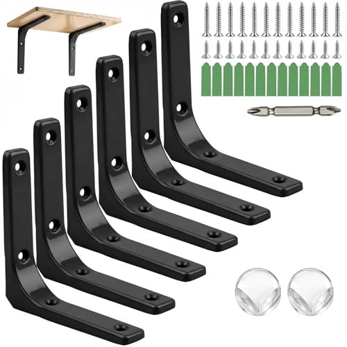 Image of Dwsdws 6 Pcs Shelf Bracket 100x100mm Black Heavy Duty L Shape Wall Mounted