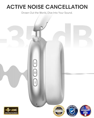 Image of Wentronic Y02 Active Noise Cancelling Headphones, Wireless Over-Ear Bluetooth 5.4 Headphones with Microphone, 60H Playtime, Hi-Res Audio, Big Bass, Foldable Lightweight for Travel Home Office, Silver