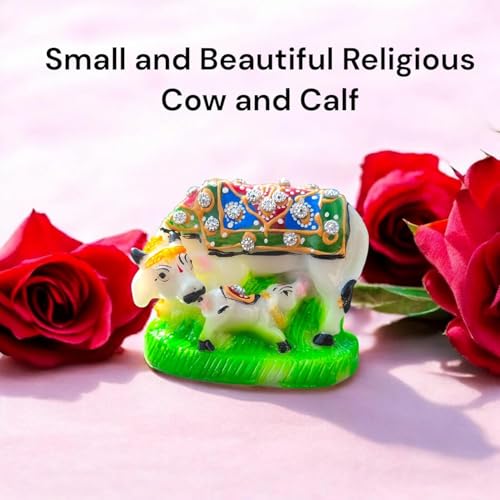 Image of Kamdhenu Cow and Calf Idol for Home Decor | Marble Finish Gau MATA Murti | Vastu Showpiece for Home Temple Pooja Room Office Desk | Spiritual Religious Gift | Housewarming Diwali Decor | Multicolor