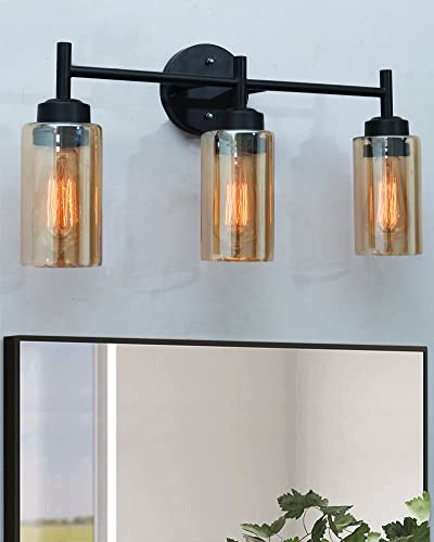 Image of Homesake Black Wall Sconce,Modern Bathroom Wall Light Fixtures 3-Light Bathrooms Vanity Light, Bathroom Lights Over Mirror, Farmhouse Glass (Amber)