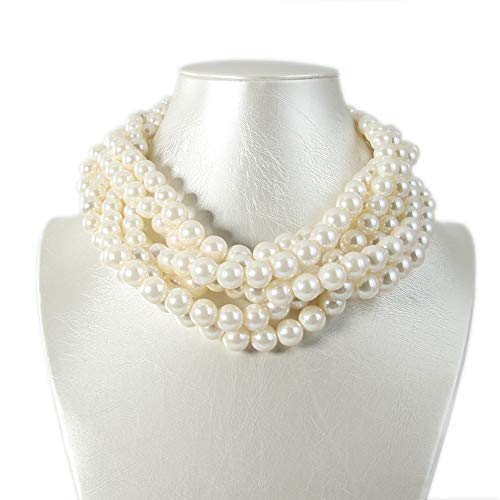 Kalse Simulated Pearl Cluster White Beads Twisted Statement Chunky Bib Short Choker Necklace2