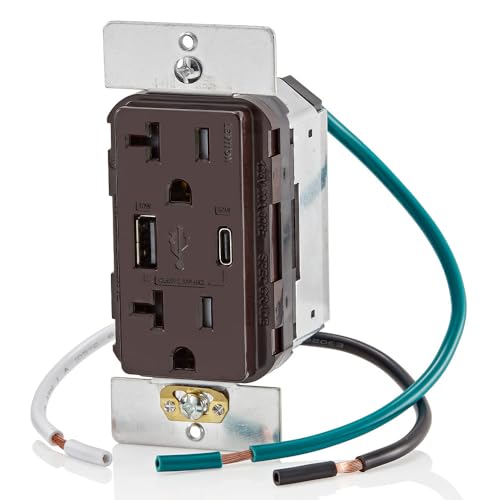Image of Leviton T5834-B 60W (20V@2.5A+ 5V@2A) USB Dual Type A /Type-C Power Delivery in-Wall Charger with 20A Tamper-Resistant Outlet, USB Charger for Smartphones, Tablets, Laptops, Brown