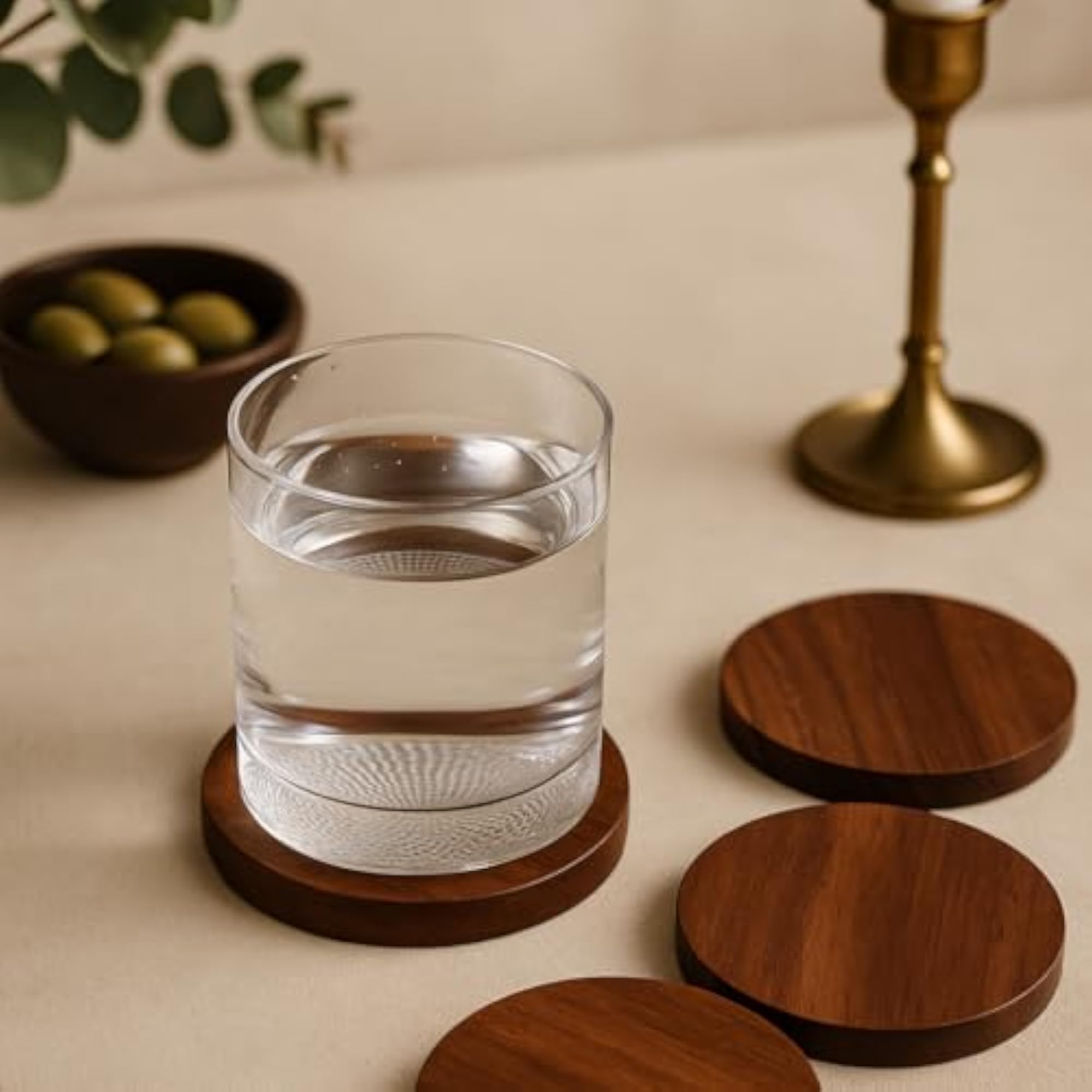 Set of 4 Solid Acacia Round Coasters, Natural Finish