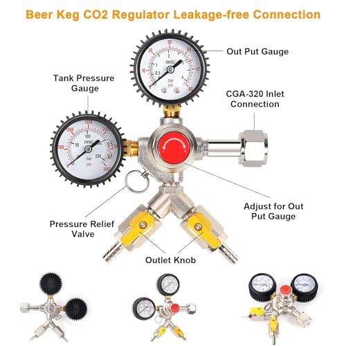 Image of Y-Shaped Co2 Regulator for Kegerator - CGA320 Co2 Pressure Regulator for 2 Beer Kegs, Commercial Dual Gauge Co2 Tank Regulator Kegerator Parts, Kegerator Regulator with 4 Hose Clamps