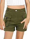Minthunter Girls' Casual High Waist Cargo Shorts with Pockets Summer Short Hot Pants Olive