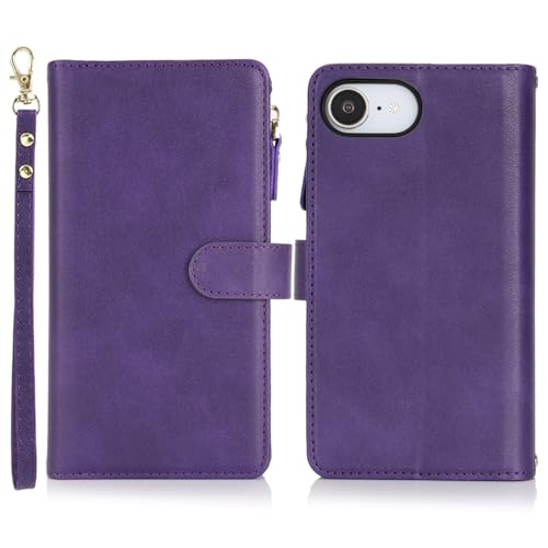 for iPhone 16E Case Wallet with Card Holders Lanyard Wrist Strap SunYoo Leather Bag Flip Cover Wristlet Purse Folio Porte Feuille Coque Etui Portefeuille ケース Funda for iPhone16E Purple