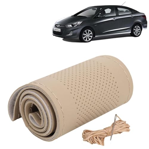 Image of KINGSWAY PU Leatherite Car Steering Cover Sewable Compatible with Hyundai Verna (Year 2006-2010), Beige Color with Beige Thread, Pack of 1 with Sewing Needle and Thread