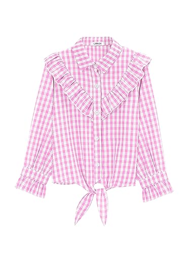 Image of Girls Sleeveless Plaid Button Down Shirt Summer Crop Tops Tie Knot Ruffle Sleeve Shirt Blouse 3-12Y