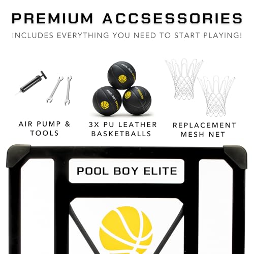 POOL BOY SPORTS - Pool Basketball Hoop - Set Includes 3X Composite Leather Basketballs, Air Pump, & Tools - Adjustable Poolside Basketball Hoop - Made for Kids, Teens, & Adults