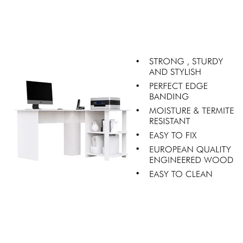 Image of Bniture Wooden Study Table for Home | Engineered Wood Study Table with Shelf Storage | L Shape Multi Purpose Computer Desk for Writing & Study | Laptop Table for Study Room & Office | Frosty White