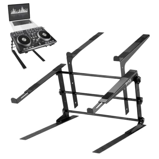 Pyle Portable Dual Laptop Stand - Standing Table with Adjustable Height, Ergonomic Design & Anti-Slip Prongs for DJ Mixer, Sound Equipment, Workstation, Gaming & Home Use - PLPTS38, Black