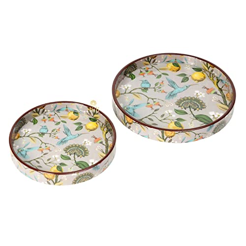 DULI Set of 2 MDF Wood Trays Enamel Coated| Round Trays Set of 2 | Serving Trays | Wooden Tray | Kitchen&Dining Decorative | Resin Tray | Handmade | 7x7 & 9x9 inches (Setof2Round: Fruit&Birds)