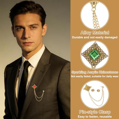 MECCANIXITY 2Pcs Vintage Hollow Chain Brooch for Men, Golden Tassel Chain with Yellow/Green Gemstone Hanging Lapel Pins for Suit Vest Tuxedo Prom Wedding Birthday Party by MECCANIXITY - Used condition - Image 3