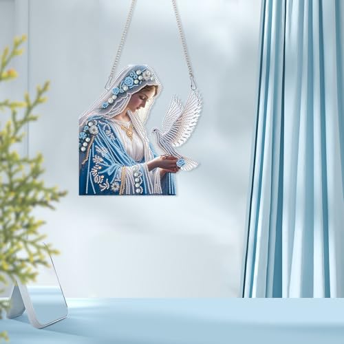 Image of AiYuanzsh Oversized Diamond Art Hanging Kit Virgin Mary with Dove, Religious Special Shaped Diamond Painting Suncatcher Ornament for Adults DIY Spiritual Wall Window Pendant Decor