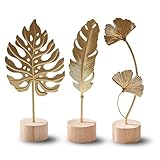 Set de 3 Sculptures Décoratives Dorées – Feuille de Ginkgo, Monstera et Plume en Métal avec Socle en Bois, Statue Décoration Intérieur, Déco Salon Moderne, Décoration Bureau ou, Objet Art Déco Maison