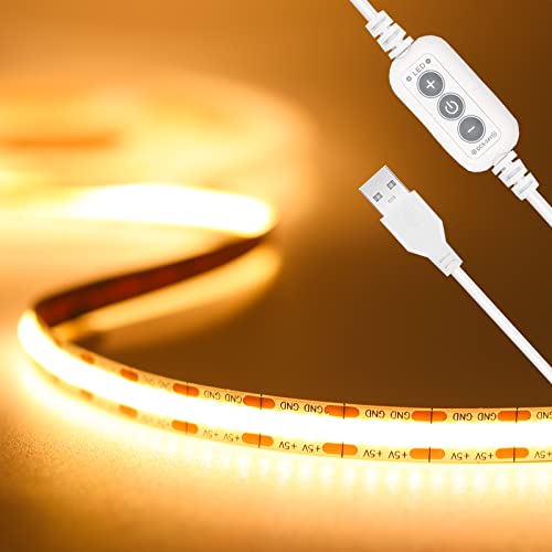 PAUTIX COB USB LED Striscia bianco caldo 2700K, striscia LED 2m 640LED dimmer 5V retroilluminazione TV monitor, luce nastro flessibile per armadietto, illuminazione domestica fai-da-te