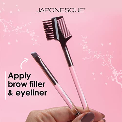 JAPONESQUE Brow & Eye Brush Set, Includes Brow/Lash Comb to Brush Brows and Separate Lashes, Angled Liner Brush for Brow Filler Application, Spoolie to Smooth Brows