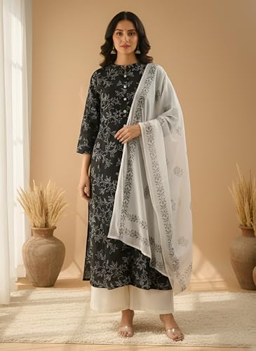 Image of Yash Gallery Women's Pure Cotton White Floral Rubber Print A-line Kurta Pant Set with Dupatta with Fancy Front Buttons, One Side Functional Pocket