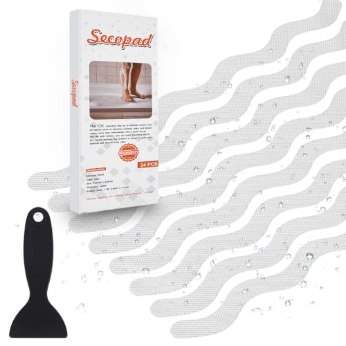 Secopad Patented Anti Slip Shower Stickers, 24PCS Adhesive Decals Safety Strips with Scraper for Bath Tub, Shower Floor, Stairs, Clear, 0.8"*14.5"