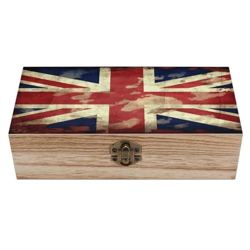 Wood Keepsake Box with Hinged Lid Handmade Wooden Wedding Memory Treasure Boxes Organizer Decorative Vintage Union Jack British Flag Storage Case for Jewelry Coins Cards Photos Letters Crafts