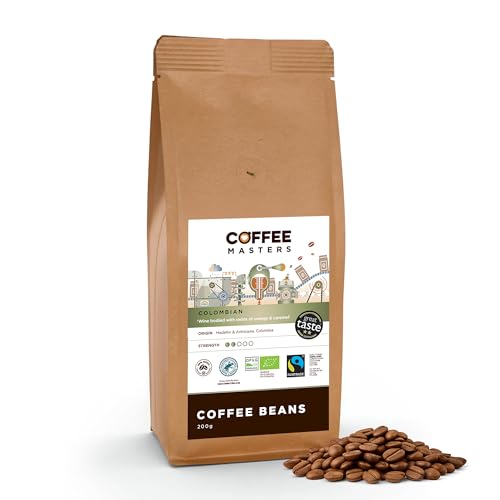 Coffee Masters Colombian Organic Coffee Beans 200g - Fairtrade Single Origin 100% Arabica - Light Roasted Whole Bean, Ideal for Espresso Machines - Great Taste Award Winner